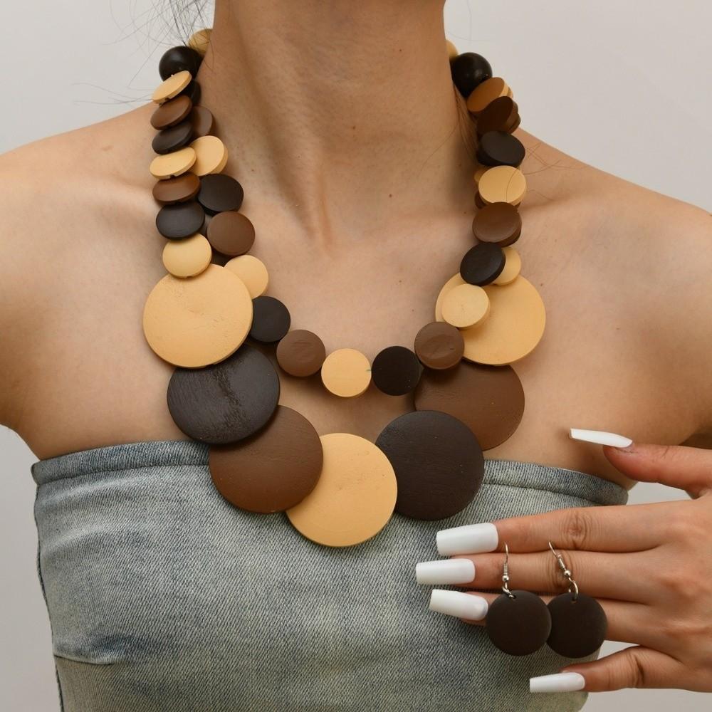 Necklace Wooden Beaded Necklace Double-layer Jewelry Set Exaggerated Round Necklace Beach