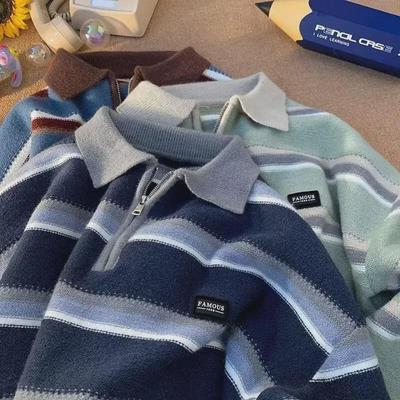 Pánsky japonský retro pruhovaný polo sveter - Jesenný/zimný štýl, mladistvý výklenok, pletený top vhodný pre páry