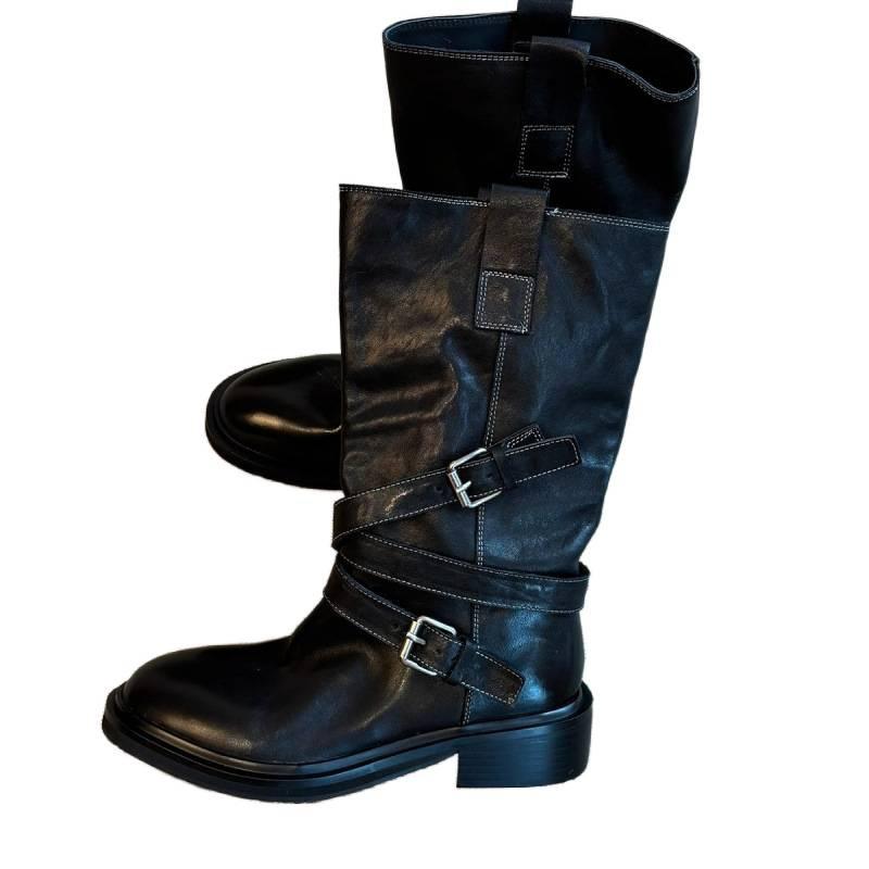 Cowhide Edition~ Retro Belt Buckle Medium Boots Western Cowboy Boots Skinny Thick-soled Fried Street Short Boots Female Knight Boots