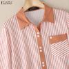 ZANZEA Women Casual Turn Down Collar Loose 3/4 Sleeve Stripe Blouse