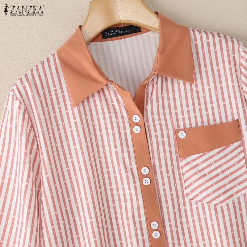 ZANZEA Women Casual Turn Down Collar Loose 3/4 Sleeve Stripe Blouse