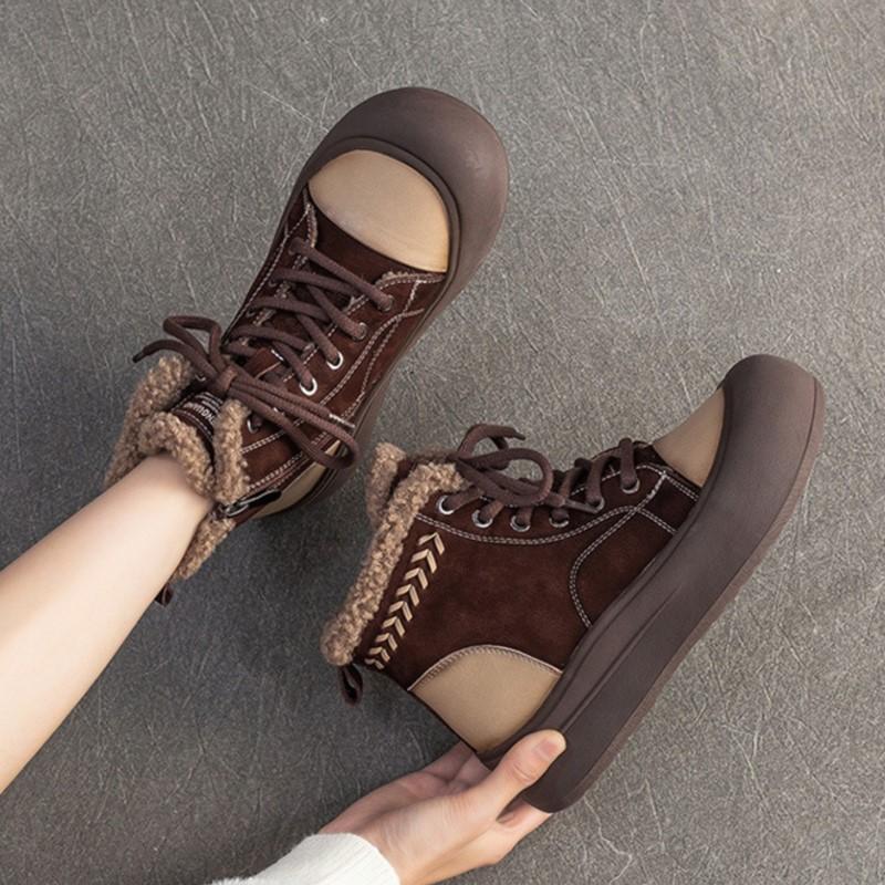 Johnature Retro Mixed Colors Plush Warm Short Boots Genuine Leather Thick Soled Women's Shoes