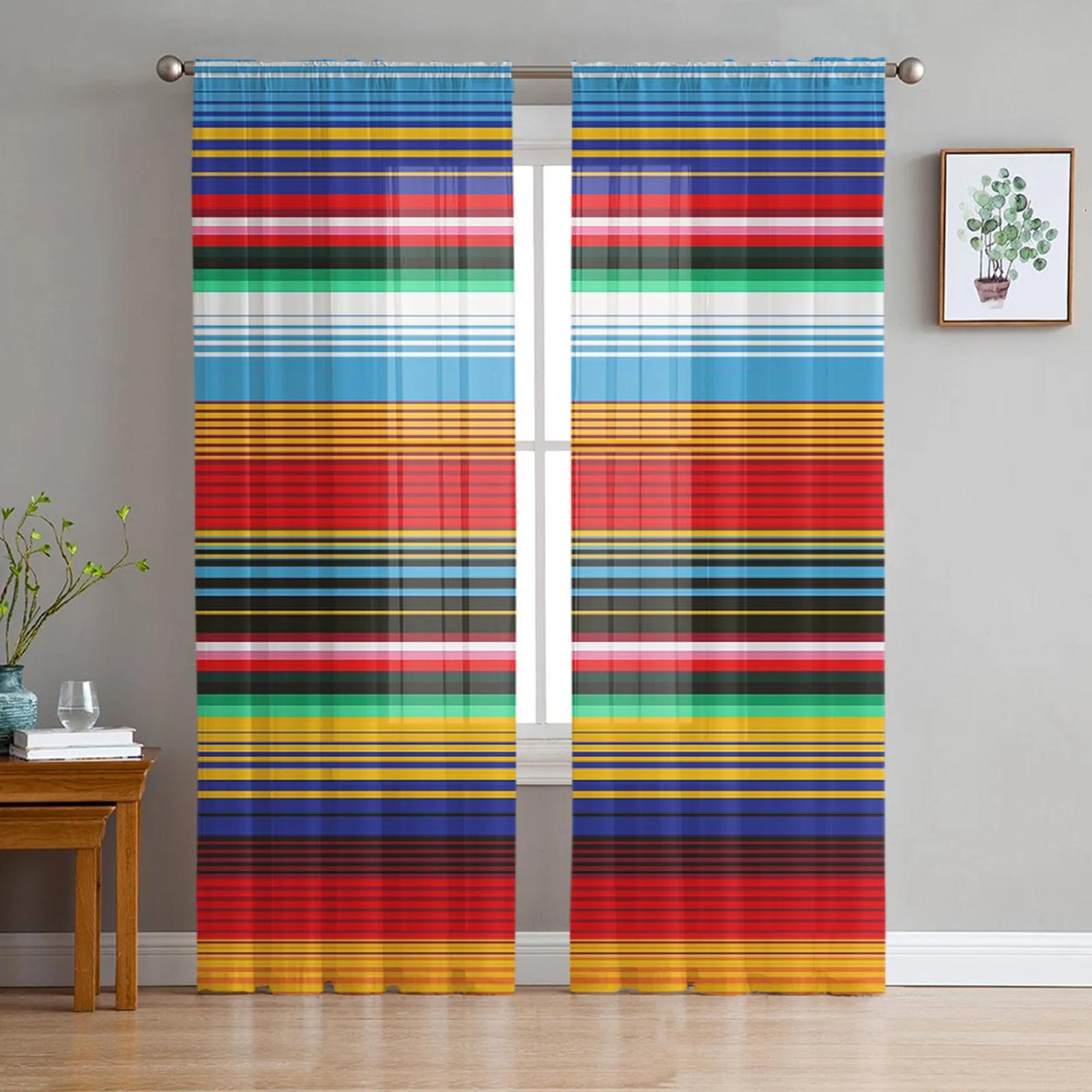 Mexikanische Streifen Bunte Streifen Transparente Vorhänge zur Wohnzimmerdekoration Fenstervorhang Küche Tüll Voile Organza Drapierungen W135 x H115cm x1&Rod Pocket red