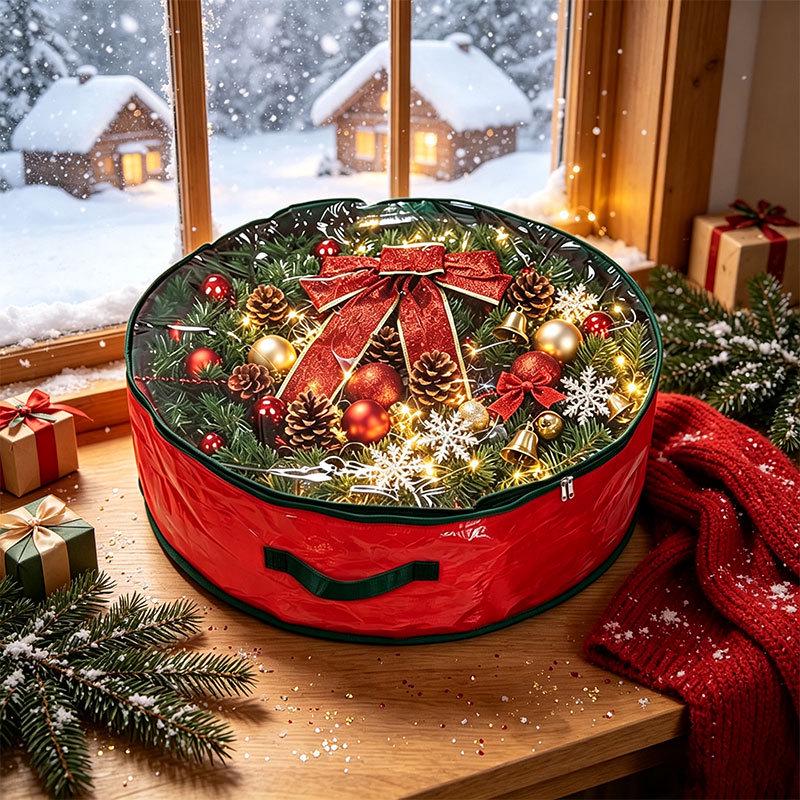 Red PE and PVC Single-Sided Transparent Christmas Wreath Storage Hanging Bag