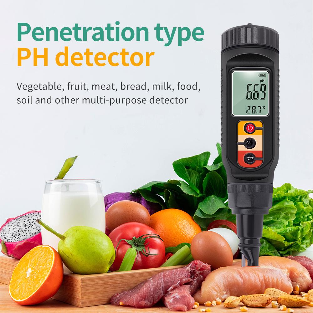 

Digital Food PH Meter PH Temp Acidity Tester Dough Soil PH Detector 0.00~14.00 for Meat Cheese Bread Fruit Water Analyzer Meter