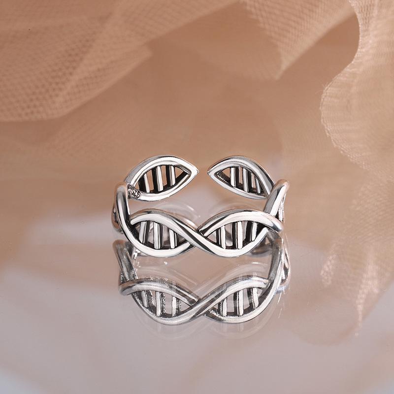 Yintai Fei Retro Mori Style DNA Helix Wave Ring - Trendy Japanese Korean Open Hand Jewelry Adjustable Open
