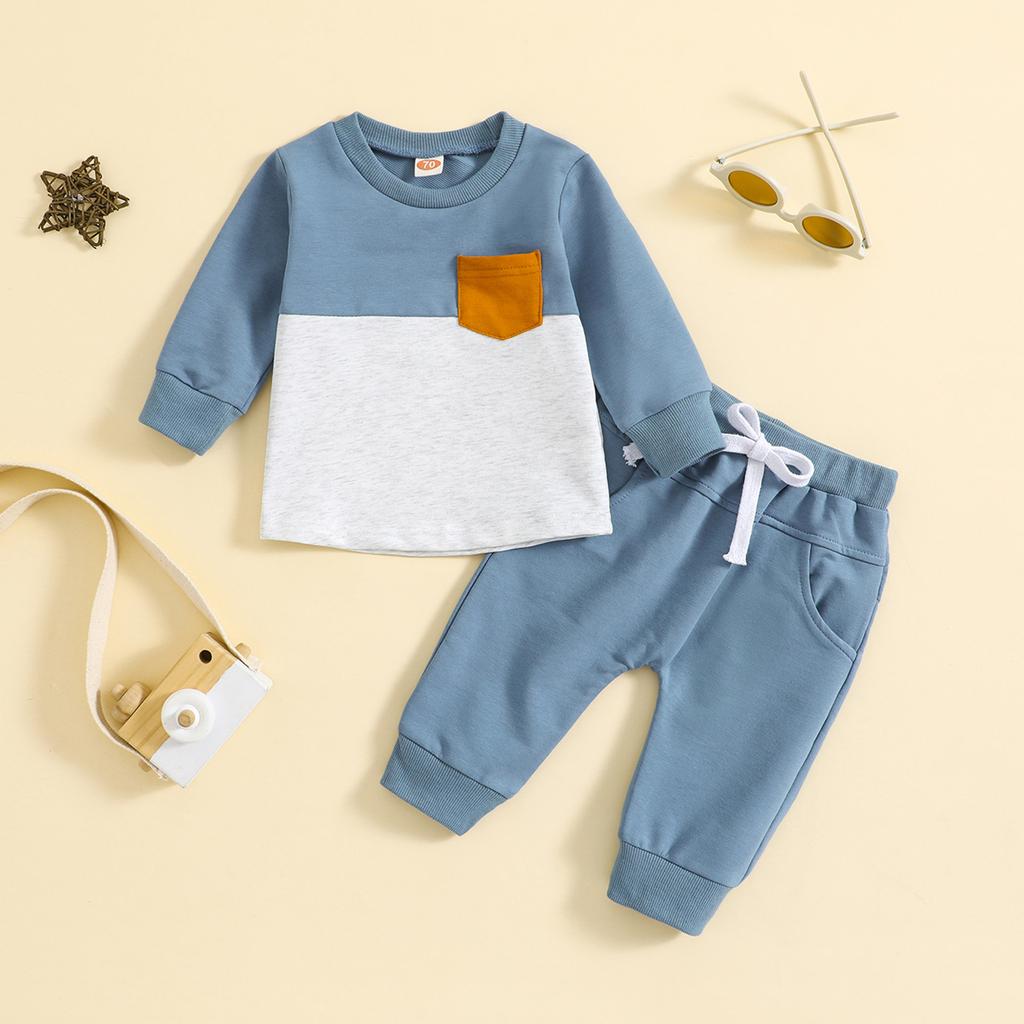 Boys Fall and Winter Color Blocking Suit Long Sleeve Round Neck Top + Pants Two-piece Set