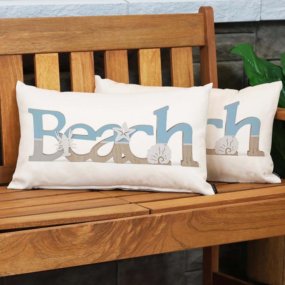 EKOBLA Beach Vintage Wood Lettering Quote with Ocean Home Pillow Cases Coastal Sea Starfish Scallop Summer Waist Lumber Cotton Linen Cushion Cover