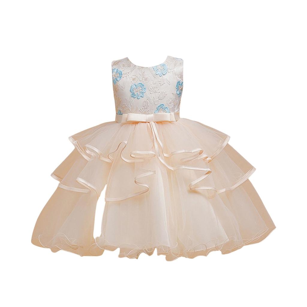 Girls Fashion Embroidery Lace Tulle Dress With Bow Princess Party Dress
