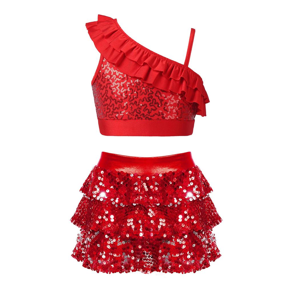 Girls Shiny Sequins Ruffle Crop Top Asymmetrical Shoulder Straps Tiered Skirted Shorts Culottes Dance Set
