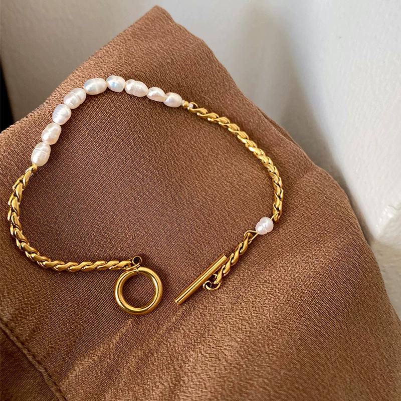 316L Stainless Steel Simplicity Vintage Irregular Shaped Imitate Pearl OT Buckle Chain Bracelets For Women Fashion  Gift