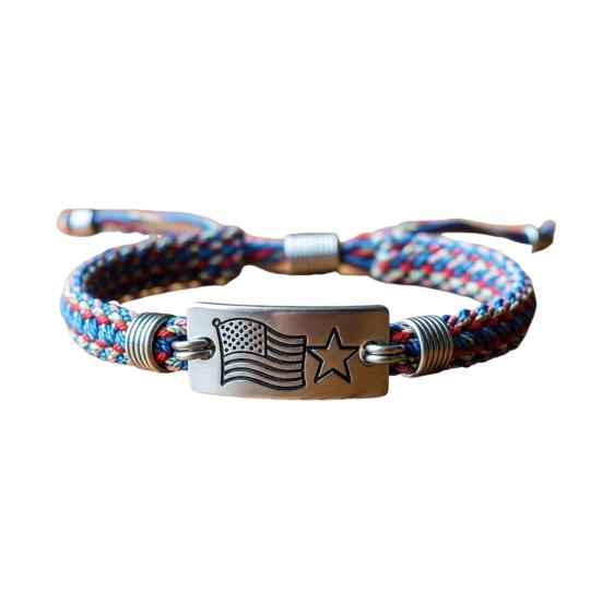 Patriotic American Flag Bracelet Engraved Metal Centerpiece Adjustable Knot Design Wristband Patriotic Accessory