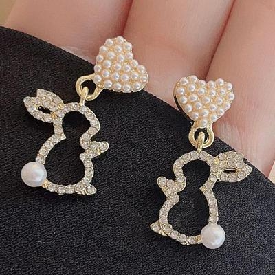 Trendy New Pearl Heart Hanging Earrings for Women Hollow Crystal Rabbit Pendants Dangle Earrings Lovely Jewelry