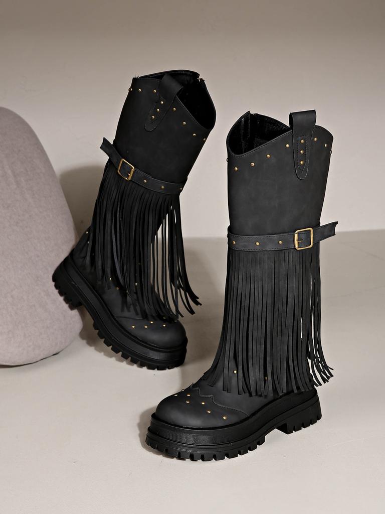 2025 Autumn and Winter Europe and the United States New Belt Buckle Knight Boots Rivet Belt Buckle Foreign Trade Large Size Medium Boots