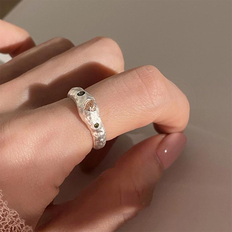 Irregular Texture Pink Diamond Love Ring Female Ins Wind Senior Sense Niche Personality Sweet Lava Texture Opening Casual Dainty Minimalist Ring