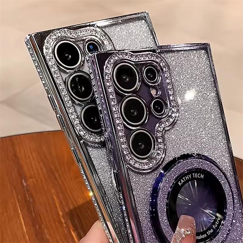 Luxusní třpytivý Magsafe držák diamantové pouzdro pro Samsung Galaxy S25 S24 Ultra S23 S22Plus pokovený kryt