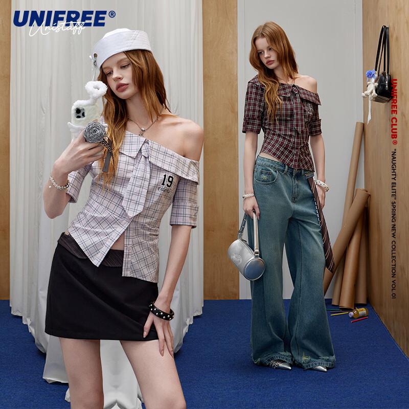 Женская клетчатая рубашка UNIFREE с открытыми плечами и съемным галстуком M красный