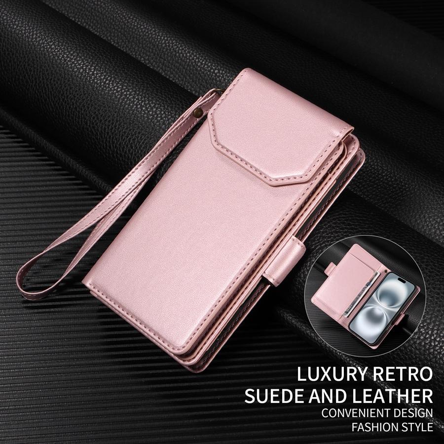 

Многофункциональный двухслойный чехол-кошелек с 11 отделениями для карт и 2 карманами для наличных для iPhone/Samsung/Google, чехол-книжка из искусственной кожи с ремешком на запястье и подставкой iPhone 6/7/8 розового золота