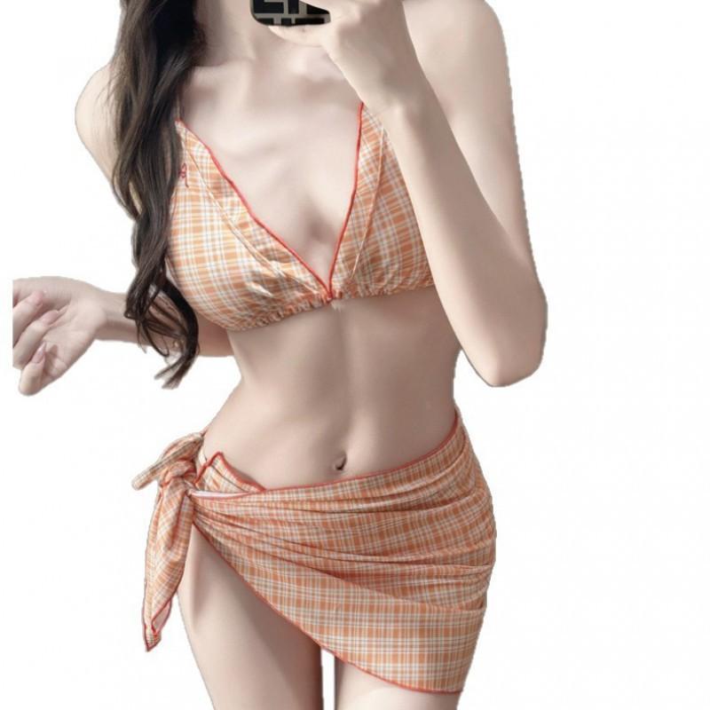 Thai Retro Niche Cute Sweet Girl Plaid Blue Bikini Three-piece Swimsuit Woman