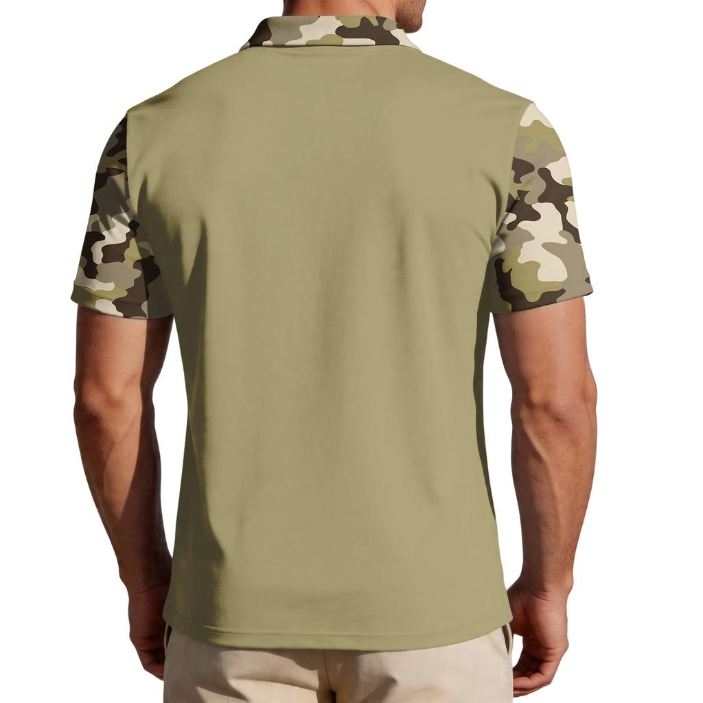 Men's Loose Fit Casual Polo Shirt Short Sleeve Camouflage Print Patchwork Design Button Collar Summer Top