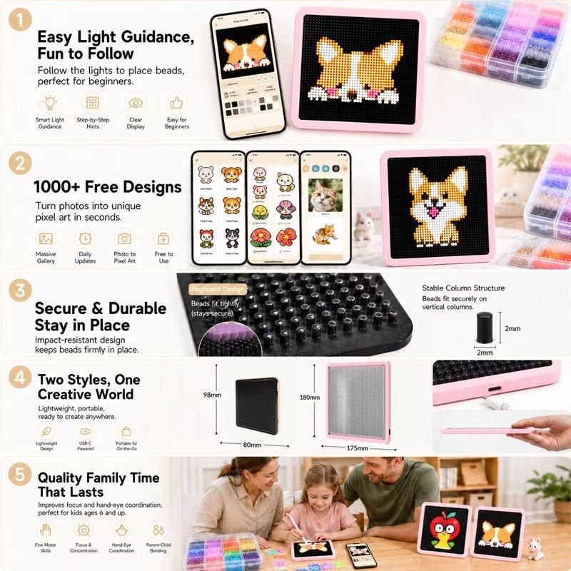 LED Bead Art Light Board, App Guided Fuse Beads Pegboard DIY Pixel Crafts, School Art Toy Birthday Gift Starter Set