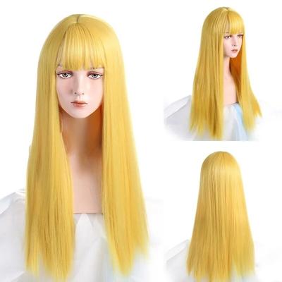 Long Cosplay Wig With Bangs Light Blue Yellow Purple Synthetic Straight Hair Heat-resistant Rose Net Wigs For Women