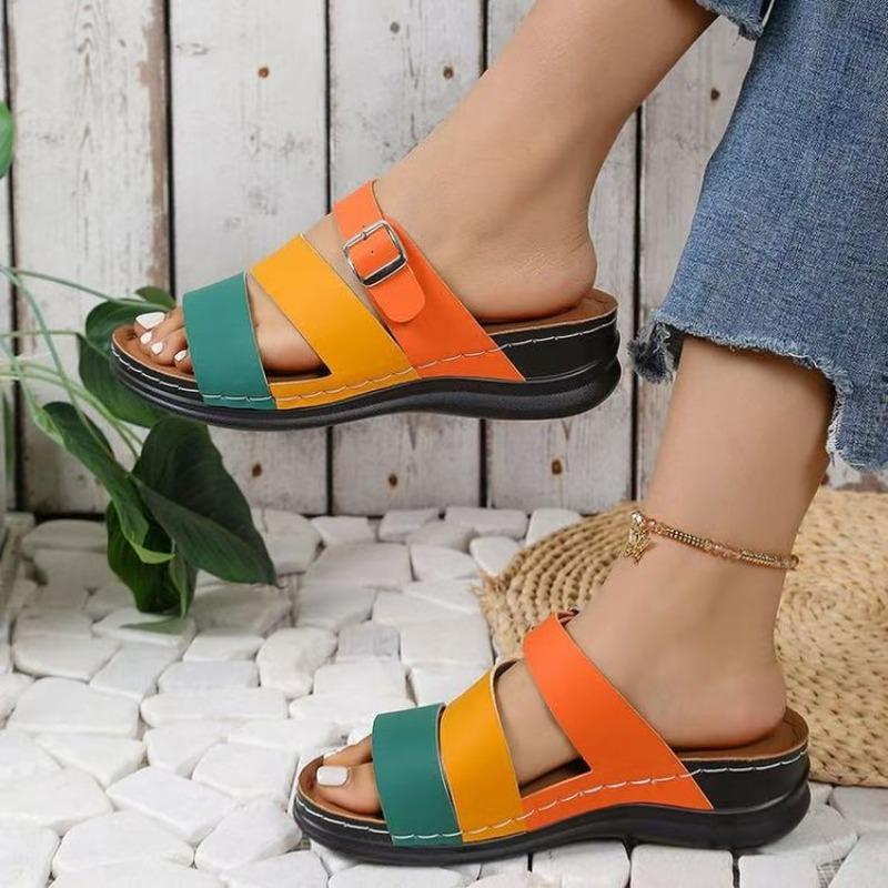 Women's Plus Size New Summer European American Style Color Blocking Wedge Heel Open Toe Slide on Beach Sandals