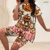 Women Plus Size Two Piece Set Crow Pumpkin Rose Print Round Neck Short Sleeve Split Top Knee Length Pants