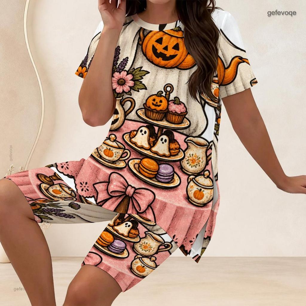 Women Plus Size Two Piece Set Crow Pumpkin Rose Print Round Neck Short Sleeve Split Top Knee Length Pants