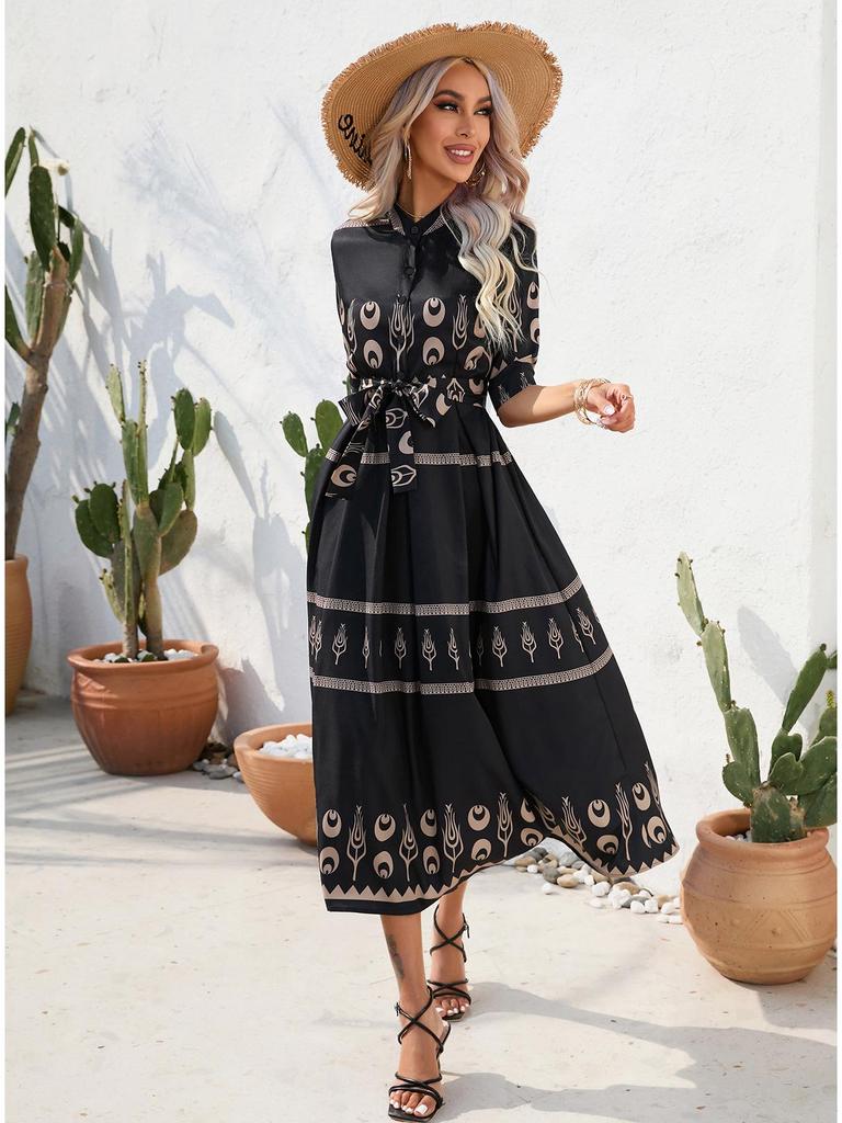 2026 Women's European and American Ethnic Style Summer Printed Five-Sleeve Dress