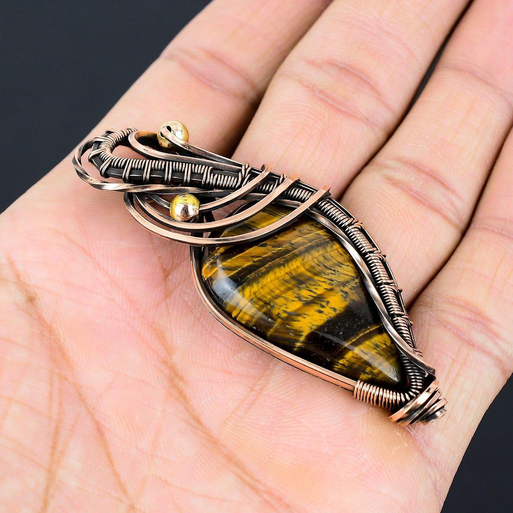 Tiger's Eye Gemstone Pure Copper Wire Wrapped Handmade Jewelry Pendant For Her