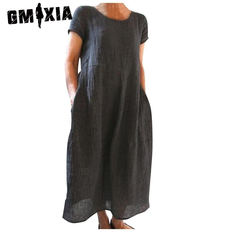 GMXIA Women's Fashion Summer Spring Solid Color Print Short Sleeve O-Neck High Waist Casual Dresses