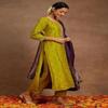 Olive Green Silk Straight Kurta Pant Set with Royal Purple Dupatta