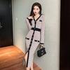Striped Knitted Dress Women's  Autumn and Winter New V-neck Fashion Button Slim Split Hip Skirt