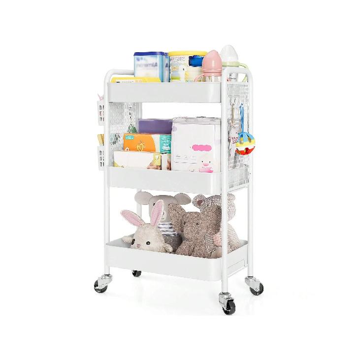 Rolling Carts With Wheels, 3 Tier Rolling Utility Cart, Metal Storage Organizer With Pegboard Hooks Bins For Bathroom Kitc