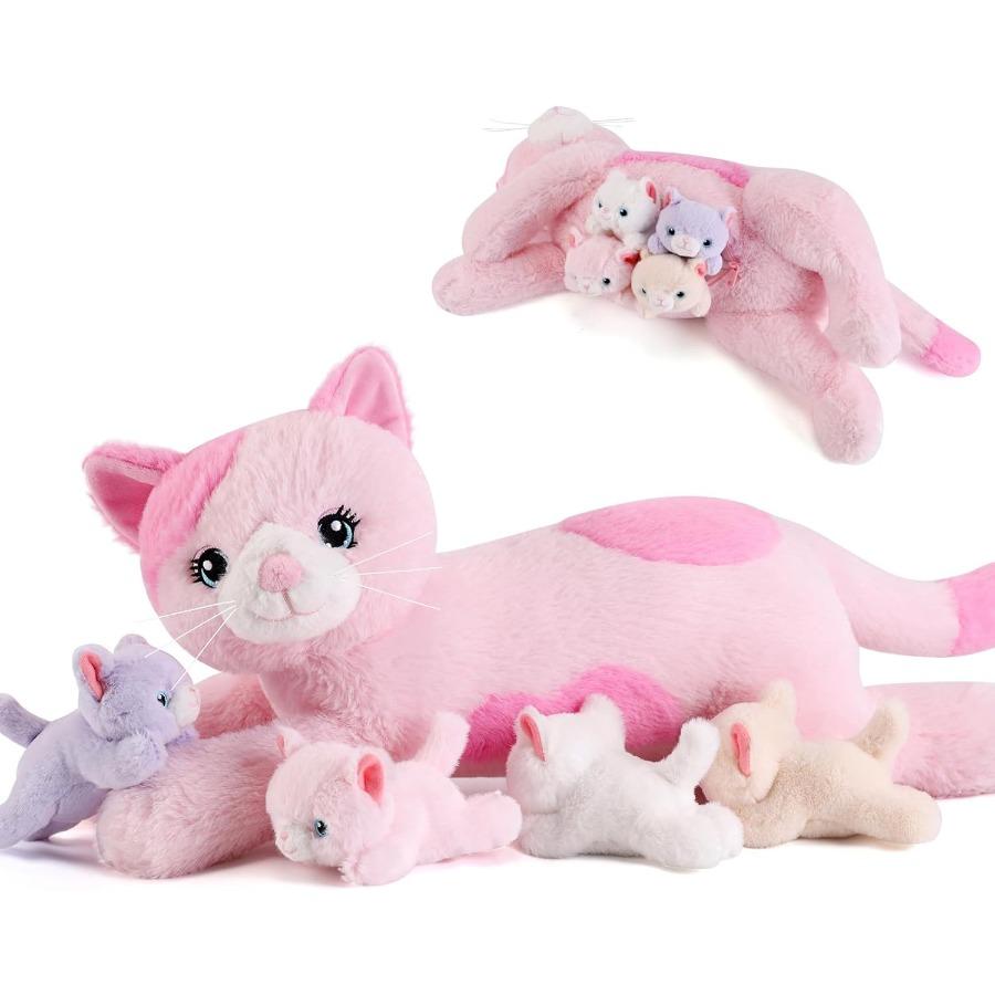 

5 Pieces Pink Cat Stuffed Animals featuring Babies Inside Belly - Mommy plus 4 Kittens Plush Playthings designed for Age 3-8 - Ideal Birth Date Christ United States