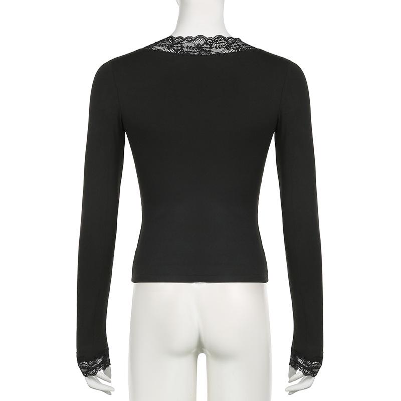 European Lace Patchwork Long Sleeve V-Neck T-Shirt