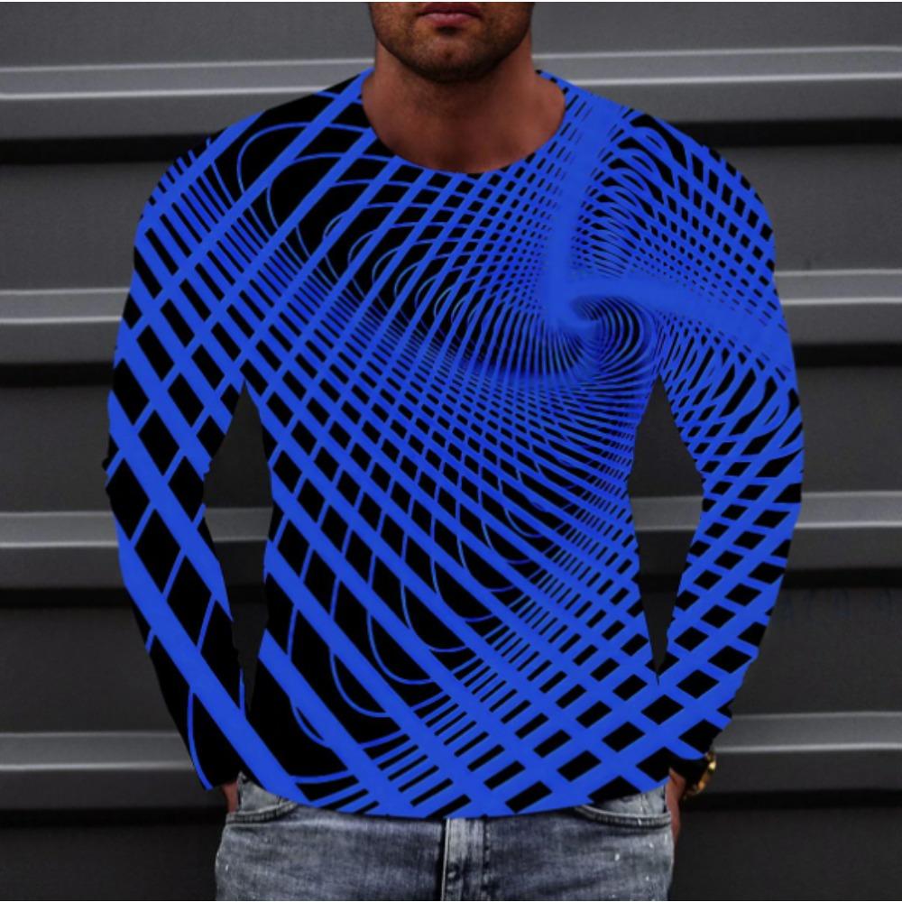Swirl Line Grid Print Men's Tshirts Long Sleeve Tees Round Neck Casual Pullover Men's Clothing Plus Size, Christmas Holiday Fashion Tee
