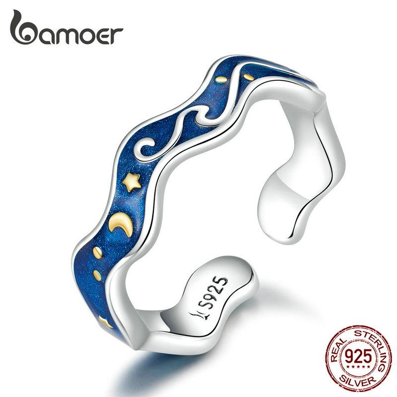 BAMOER Silver 925 Lover Rings for Couple Blue Starry Sky of Van Gogh Open Finger Ring Design Jewelry Accessories SCR608