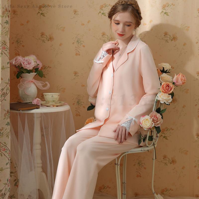 Female Luxury Elegant Pajamas Suit Sexy Lace Patchwork Home Clothes Sleepwear Long Sleeved Trousers 2PCS Pyjamas Set Lounge Wear