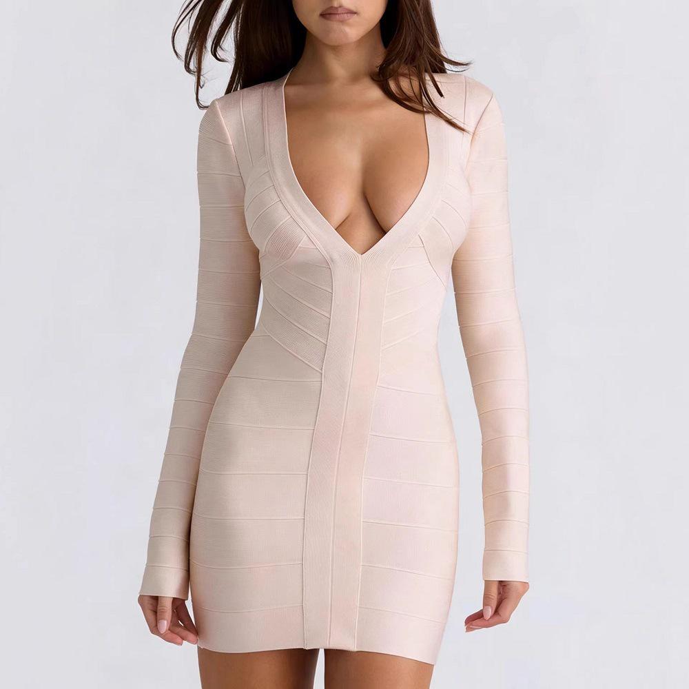 

Apricot Deep V Long Sleeve Bandage Dress - Waist-cinching, Stretchy, Hip-hugging Nightclub Party Dress XL абрикосовый