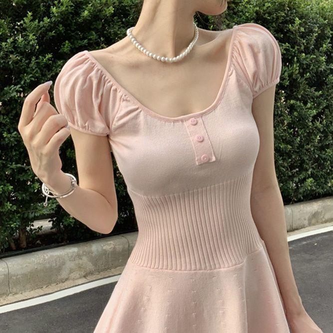 Pure waist knitted dress women s slim summer ice silk skirt ins sweet bubble sleeve square neck skirt, summer S