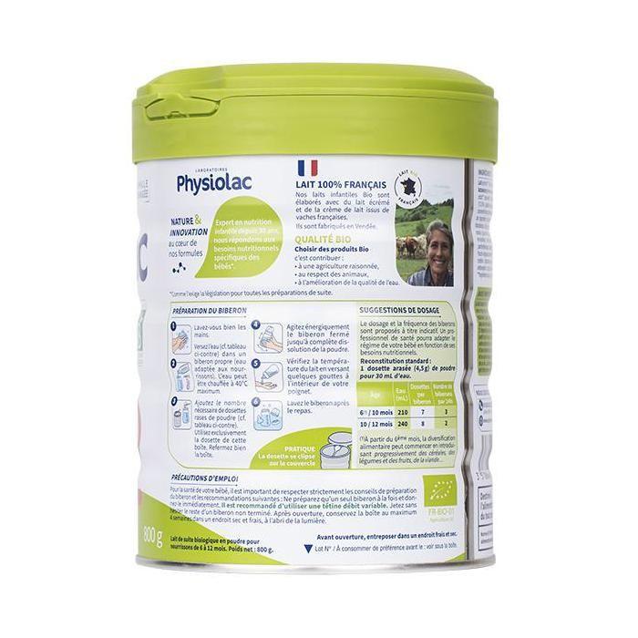 Physiolac Bio Lait 2ème Âge Formule Epaissie 800g
