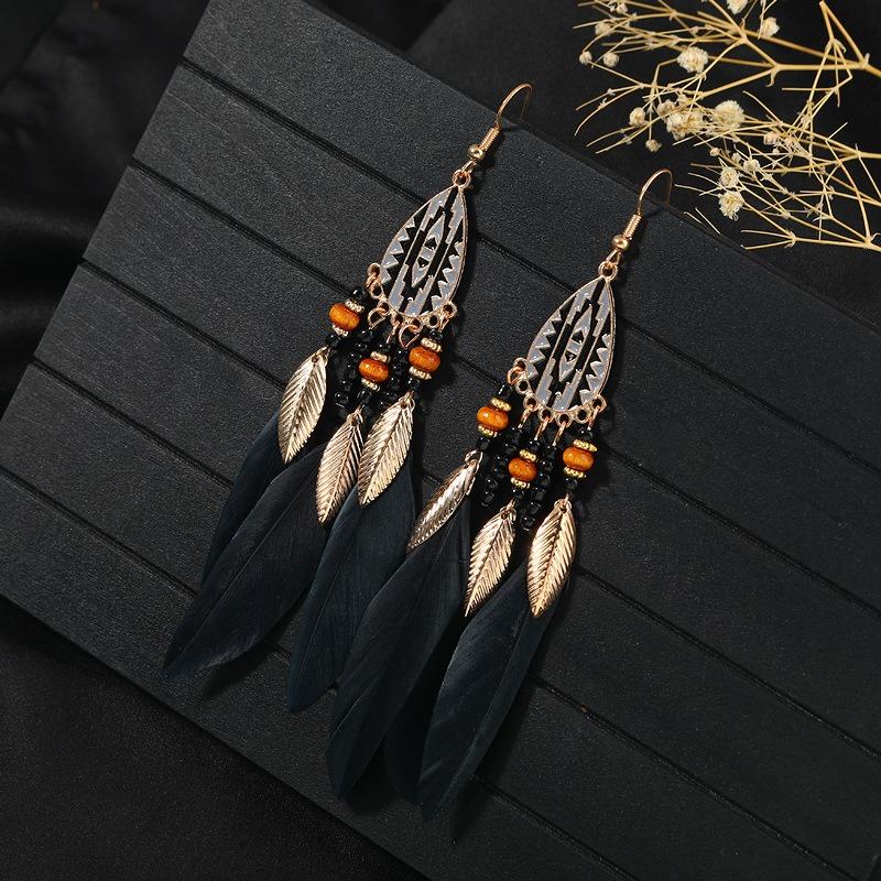 Retro Feather Fringed Earrings Women's Niche Personality Bohemian Blue Long Yunnan Travel Photography Earrings