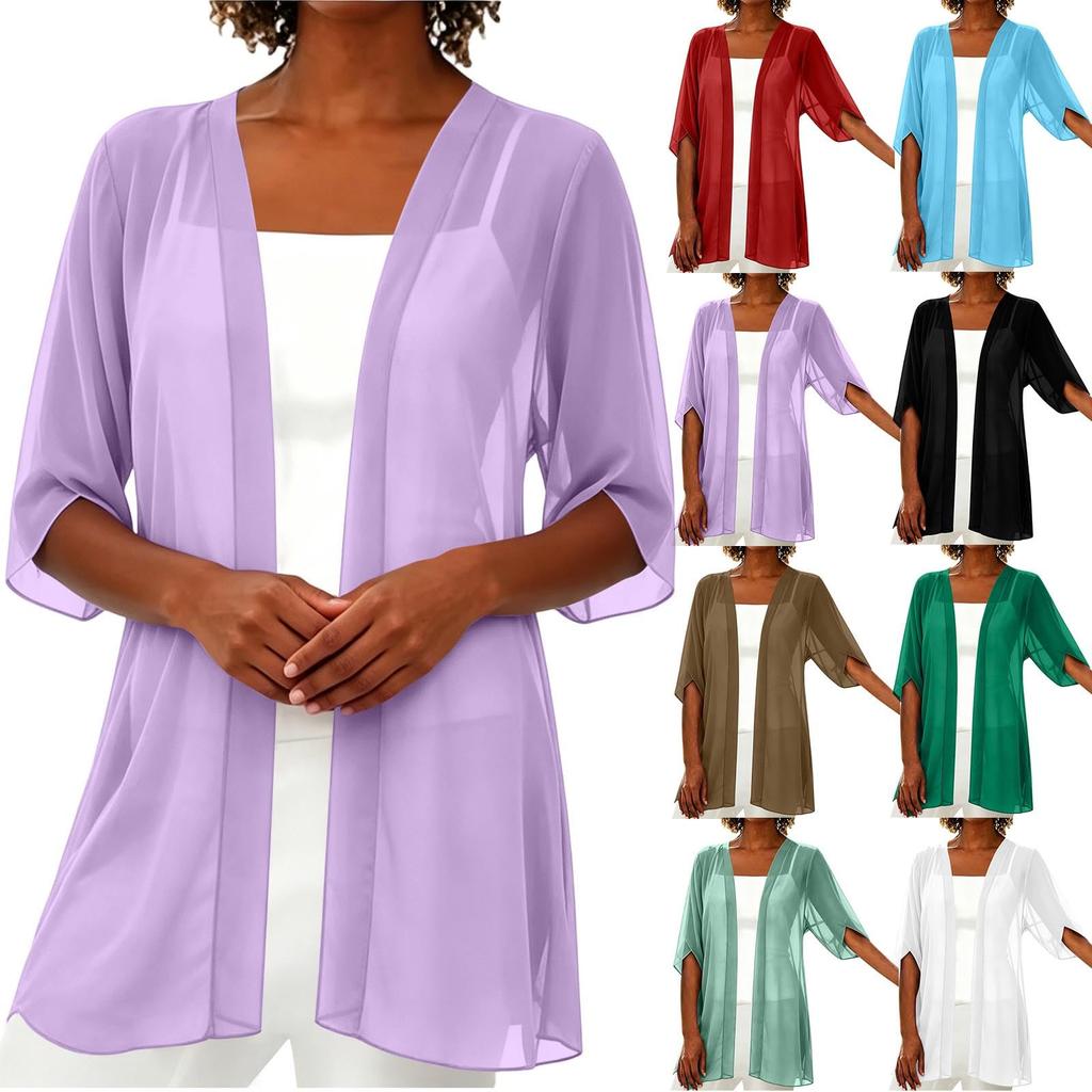 Women's Color 3/4 Sleeve Chiffon Cardigan - Lightweight Summer Loose Fit Open Front Casual Outerwear for Women