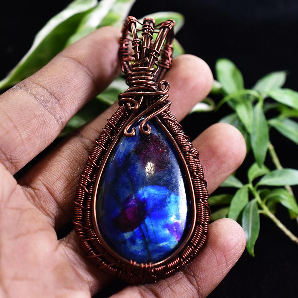 Natural Labradorite Pendant Quality 106 ct Copper Wrapped Pear Cut Gemstone Jewelry Gift