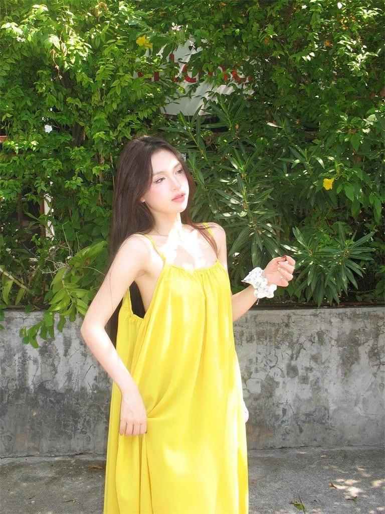 Seaside Resort Yellow Backless Spaghetti Strap A-line Summer Dress for Women