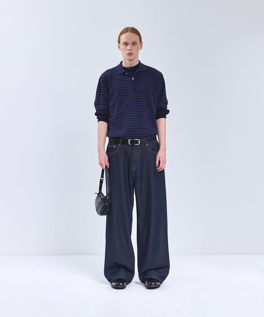 IRONYPORNO WHITELINE 86-Iro358 Color Stripe Button Collar Short Sleeve Knit Deep Navy