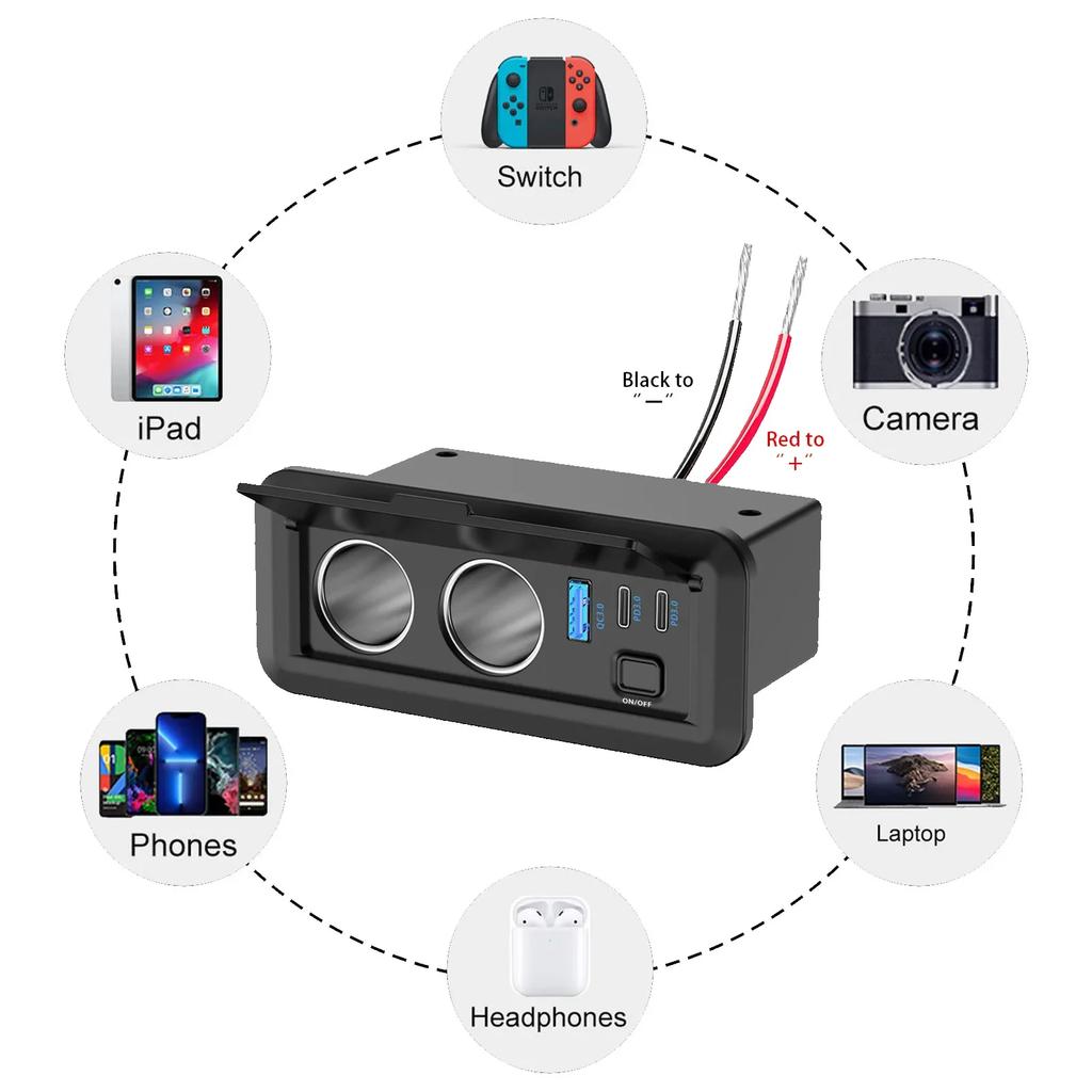 NEW 12V QC3.0 & Dual PD3.0 Car Power Socket Outlets USB Charger Power Adapter with Switch for Cars, Boats, RVs Trucks, ATVs, and UTVs