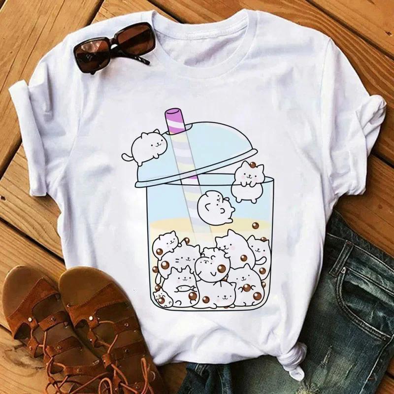 Kawaii Cartoon Milk Tea Printed T Shirt Women Fashion T Shirt Casual Tops 90s Girls Ladies Female Short Sleeve Cute Graphic Tee